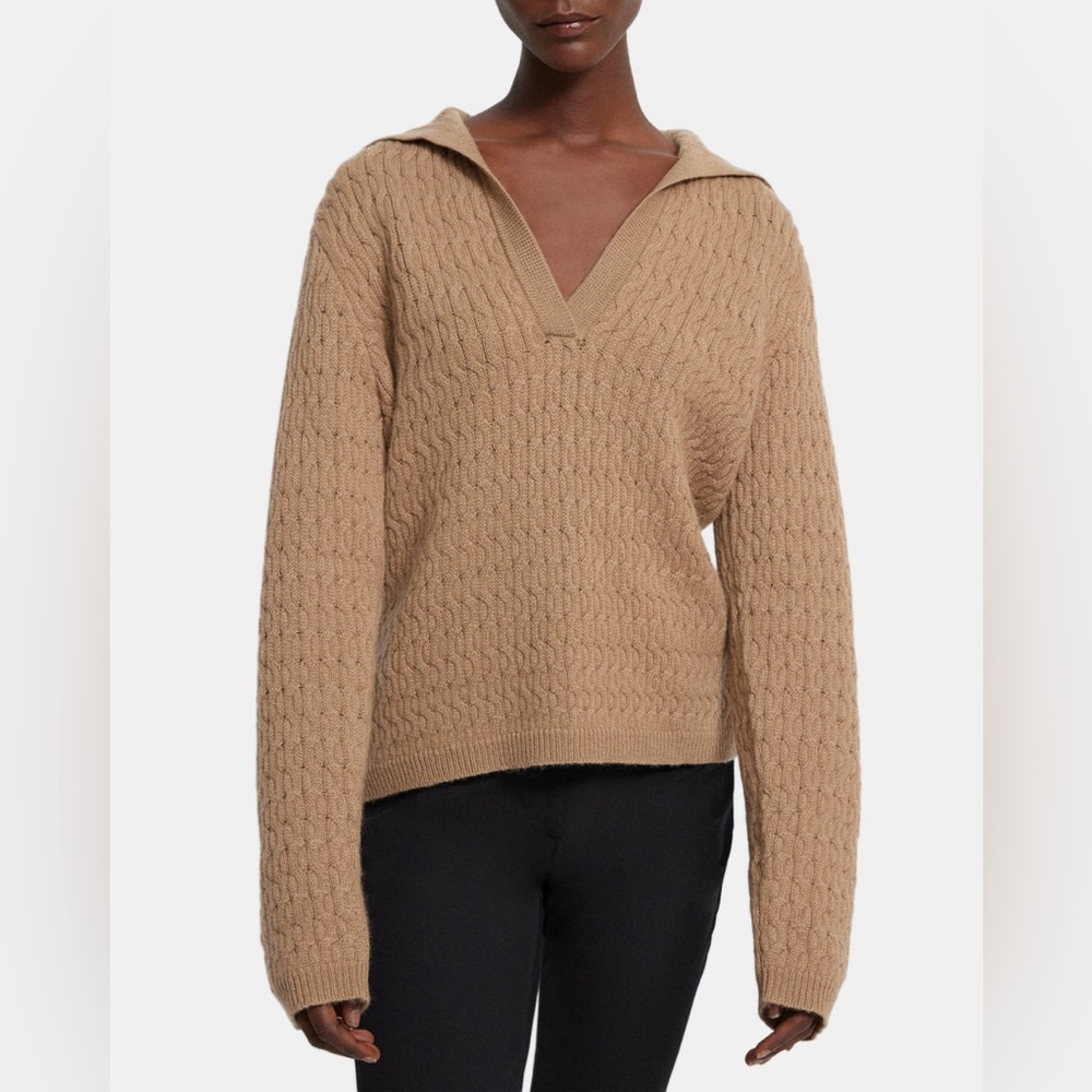 NWT Theory Beige Felted Wool-Cashmere Cable Knit Polo Sweater